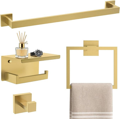 TURS Bathroom Hardware Set Brushed Gold 4-Piece Towel Bar Set Include 24 Inch Towel Bar Towel Ring Towel Hook Toilet Paper Holder with Shelf Wall Mounted.