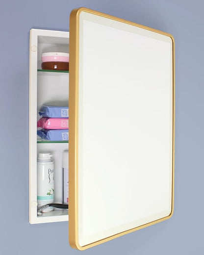 16x20 Austin Farmhouse Metal Framed Rounded Rectangle Recessed Bathroom Medicine Cabinet, Beveled Mirror, 14x18 in-Wall Opening, powder-coated Steel, Adjustable Glass Shelves, Magnet Close, Gold