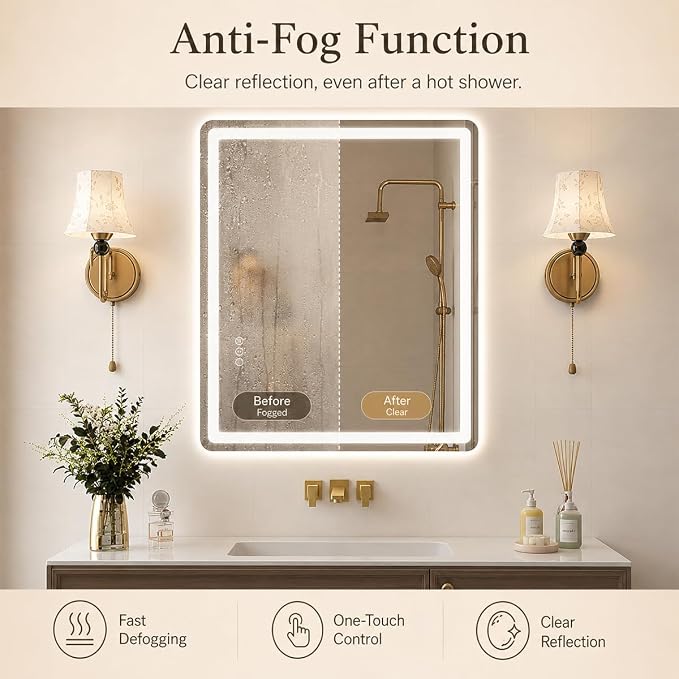24x32 LED Lighted Bathroom Mirror for Vanity | Front Lights and Backlit, Rounded-Corner Rectangle, 3 Colors, Dimmable, Anti-Fog, Memory, Tempered Glass, UL