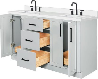 ARIEL Loren 60-inch Bathroom Vanity with Sink,Solid Wood, 1.5-inch Pure White Quartz Countertop, Double Rectangular Porcelain Sink, 4 Soft Closing Doors, 3 Dovetail Drawers, Grey
