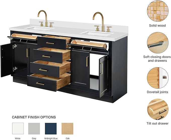 ARIEL Hepburn 72-inch Bathroom Vanity with Sink,Solid Wood, 1.5-inch Pure White Quartz Countertop & Backsplash, Double Rectangular Porcelain Sink, 4 Soft Closing Doors, 6 Dovetail Drawers, Black