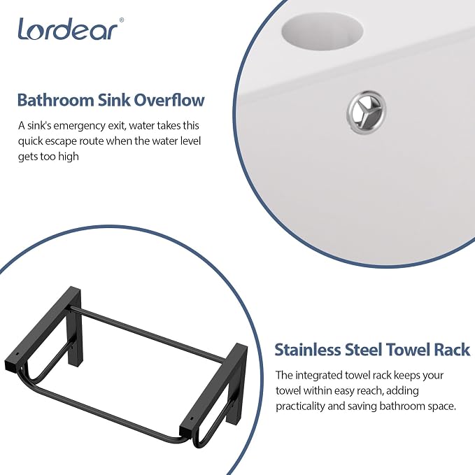Lordear Wall Mounted Bathroom Sink with Towel Rack 17 x 14 Inch Modern Black Wall Hung Sink for ADA Bathrooms, Rectangular One Hole Porcelain Vanity Sinks