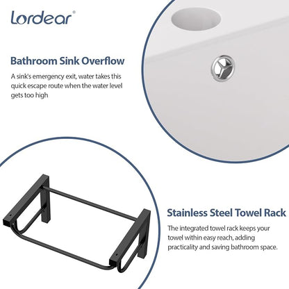 Lordear Wall Mounted Bathroom Sink with Towel Rack 17 x 14 Inch Modern Black Wall Hung Sink for ADA Bathrooms, Rectangular One Hole Porcelain Vanity Sinks