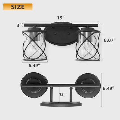 2-Lights Vanity Lights, Matte Black Farmhouse Wall Lights with Clear Glass Shade, Over Mirror Vanity Light, Kitchen Bedroom Bathroom Wall Lamp