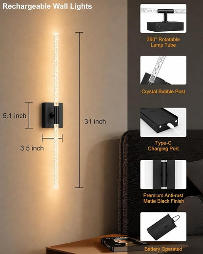 Crystal Bubble Rechargeable Wall Sconces Set of 2, Wireless Modern Lights | 10000mAh, Remote Control, 3000K-6000K Dimmable, 360° Adjustable, Ambient Lighting for Living Room, Bedroom, Picture, Bathroom