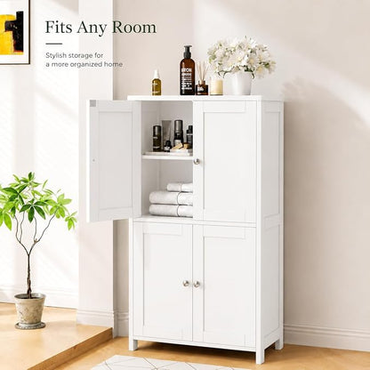 Nuturelly Bathroom Floor Storage Cabinet, 4 Doors, Anti-Tip, White | 23.7"D x 11.9"W x 42.6"H, Adjustable Shelves, Shaker style, 5-position Shelves, Anti-tip Kit, Rounded Corners, Easy Assembly