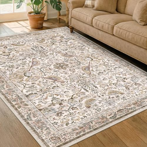 Washable 6x8 Floral Area Rug for Living Room, Boho Farmhouse Dining Room Rug, Low Pile Soft Bedroom Carpet, Moss Beige Home Décor, Non Slip & Stain Resistant