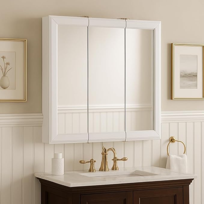 Design House Wyndham, 30 in W x 4.5 in D x 24 in H Bathroom Medicine Cabinet, Wall Mounted, 3 Mirror Doors, White, 535864-WHT