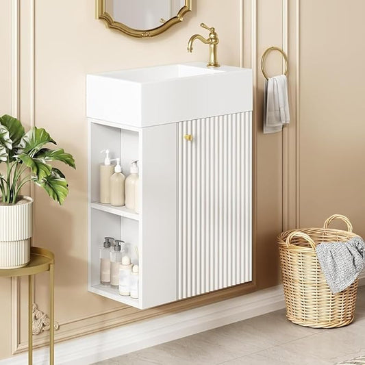 18.5" Floating Bathroom Vanity with Sink, Soft Closing Doors, Wood Modern Single Small Bathroom Vanity Cabinet with Open Shelf, Wall Mounted (White, Left Shelves)