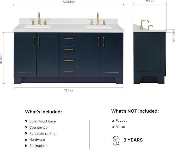 DKB Emilia 72 Inch Bathroom Vanity Double Sink — Midnight Blue Bathroom Vanity with Sink, 1.5" Edge Carrara White Quartz Countertop & Backsplash, 4 Soft-Close Doors, and 6 Dovetail Drawers