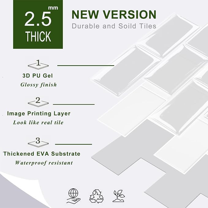 STICKGOO 10-Sheet Peel and Stick Subway Tile, Stick on Tiles Backsplash for Kitchen & Bathroom in White (Thicker Design)