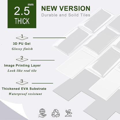 STICKGOO 10-Sheet Peel and Stick Subway Tile, Stick on Tiles Backsplash for Kitchen & Bathroom in White (Thicker Design)