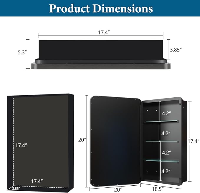 20’’x20’’ Medicine Cabinet,Metal Framed Medicine Cabinet Mirror with Round Corner,Recessed and Surface Mount Bathroom Mirror with Storage, Removeable Shelves,Dark Gray Frame