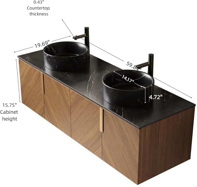 60" Double Sink Bathroom Vanity with Sink Combo, Floating Vanity with Vessel Sink, Wall-Mounted Plywood Bathroom Vanity Storage Cabinet with 4 Doors & 2 Black Round Basin, Brown Oak