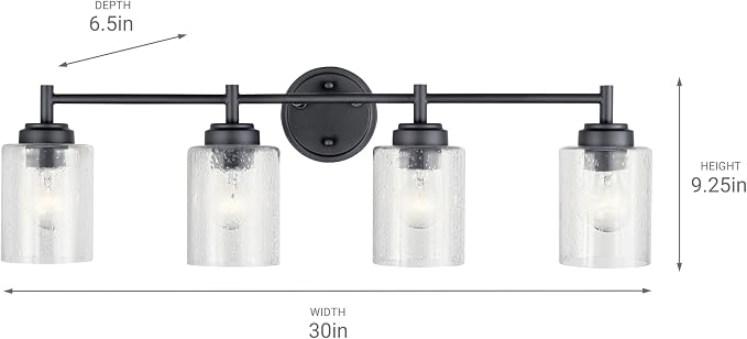 Kichler Winslow 4-Light Farmhouse Vanity Light, Black | Clear seeded glass vanity light with industrial styling (30" x 9.25" x 6.5"), 45887BK
