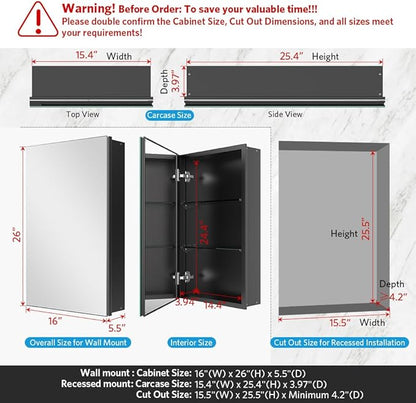 Quavikey Medicine Cabinet with Mirror, Aluminum Surface Mount or Recessed Bathroom Medicine Cabinet Mirror 16x26 Inch, Black