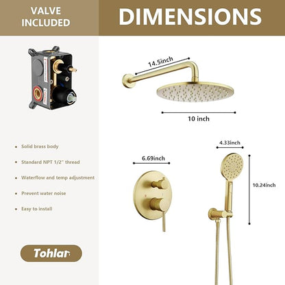 Tohlar Gold Shower Faucet System, High Pressure 10 Inches Rain Shower Head and 3-Setting handheld Spray Combo, Wall Mounted Shower Head and Handle Set, Valve Body and Trim Included