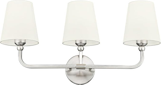3-Light Bathroom Light Fixtures, Brushed Nickel Vanity Lights with Beige Fabric Shade, Modern Sconces Wall Lighting for Hallway Bedroom, Upward Lighting, VL837-BN-B-3