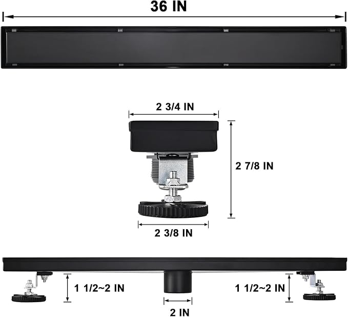 Linear Shower Floor Drain, Black 36 Inch 304 Stainless Steel Bathroom Drains Kit, Rectangular Shower Trench Drain with Reversable Tile-in Pattern Drain Cover & Hair Catcher
