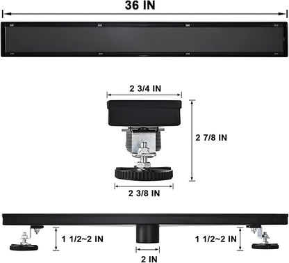 Linear Shower Floor Drain, Black 36 Inch 304 Stainless Steel Bathroom Drains Kit, Rectangular Shower Trench Drain with Reversable Tile-in Pattern Drain Cover & Hair Catcher
