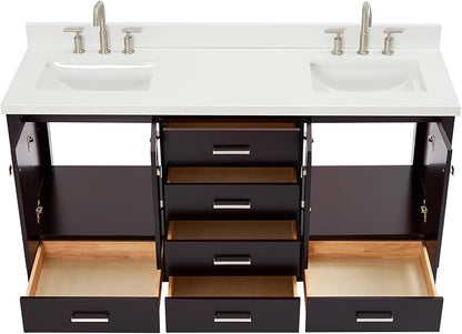 Beckford 66-Inch Espresso Double Bathroom Vanity, 1.5-Inch Edge Pure White Quartz Countertop & Backsplash, 2 Rectangular Undermount Sinks, 4 Soft Closing Doors, 6 Dovetail Drawers, Brushed Nickel