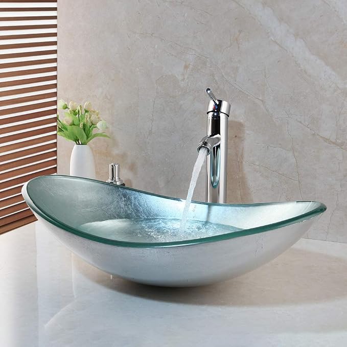 22" Bathroom Vessel Sink Oval Silver Washing Basin Bowl | Artistic Tempered Glass, Oval Vessel Sink, Above Counter, Chrome Faucet and Pop-up Drain Combo