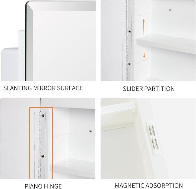 Bathroom Medicine Cabinet with Beveled Mirror, Medicine Cabinet with Storage Function, Hanging Storage Cabinet, Adjustable Shelves, White (16 x 22 inch)