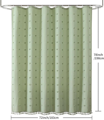 LilyCat Green Farmhouse Tufted Floral Shower Curtain with Tassel, 72" x 78" | Waterproof Boho Fabric Shower Curtain Set with Hooks, Cute Rustic Vintage Bathroom Décor, Minimalist Cloth Bathroom Curtain