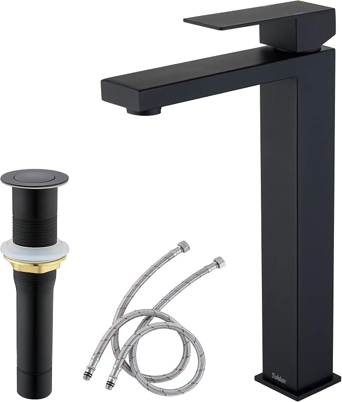 Tohlar Black Bathroom Faucet, Single Hole Sink Faucet with Pop Up Drain | Bathroom Sink Faucets for 1 Hole, Matte Black Single Handle Vanity Basin Faucet with Water Supply Lines, Stainless Steel