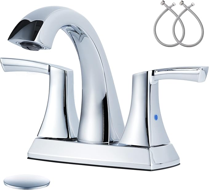 VXV Chrome Bathroom Faucet, 2 Handles Low Arc Bathroom Sink Faucets, 4 Inch Centerset Bath Lavatory Faucets with Pop-up Drain & Supply Lines (CP)