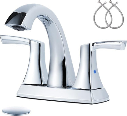 VXV Chrome Bathroom Faucet, 2 Handles Low Arc Bathroom Sink Faucets, 4 Inch Centerset Bath Lavatory Faucets with Pop-up Drain & Supply Lines (CP)
