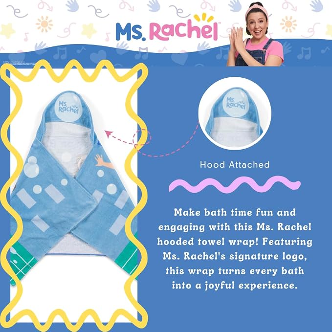 Ms. Rachel Kids Super Soft Bath/Pool/Beach Soft Cotton Terry Hooded Towel Wrap, 24 in x 50 in, (Officially Licensed Product) By Franco
