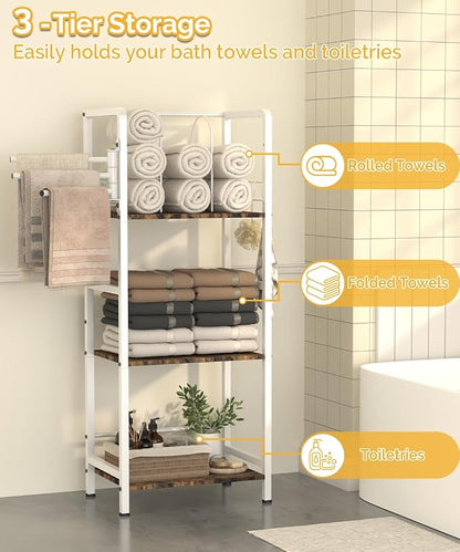 Mondazie Towel Racks for Bathroom Storage Shelves Free Standing, White | 3-Tier Bathroom Towel Rack with 3 Rotating Bars, Pool Towel Holder Stand with Detachable Dividers & 8 Hooks for Poolside