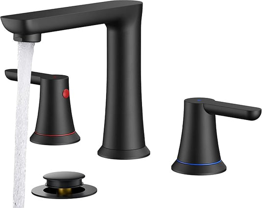 FORIOUS Black Bathroom Faucet 3 Hole, Two Handle 8 Inch Widespread Bathroom Sink Faucet Matte Black with Metal Pop-up Drain, cUPC Supply Lines and Water Saving Aerator for Basin, Vanity, or Commercial