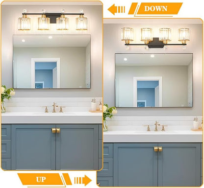 Modern Balck and Gold Crystal Bathroom Vanity Light, 4-Lights Bathroom Light Fixtures, Vanity Light Fixtures Over Mirror, Glass Wall Sconce Light for Bedroom, Kitchen, Living Room, Gallery, E26 Base