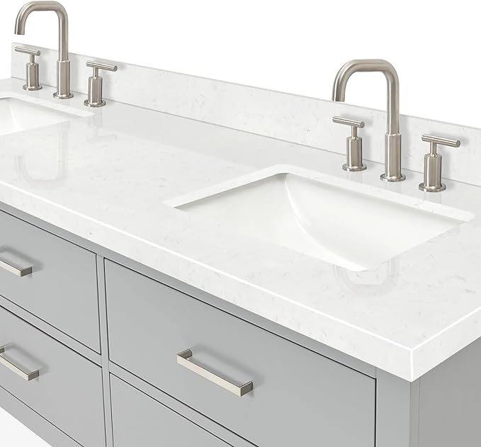 ARIEL Hutton 72-inch Bathroom Vanity with Sink,Solid Wood, 1.5-inch Carrara White Quartz Countertop & Backsplash, Double Rectangular Porcelain Sink, 3 Dovetail Drawers, Grey