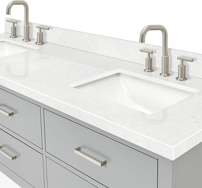 ARIEL Hutton 72-inch Bathroom Vanity with Sink,Solid Wood, 1.5-inch Carrara White Quartz Countertop & Backsplash, Double Rectangular Porcelain Sink, 3 Dovetail Drawers, Grey