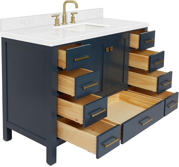 Beckford 48-Inch Bathroom Vanity with Sink — Midnight Blue Single Sink Bathroom Vanity, 1.5" Edge Carrara White Quartz Countertop, Solid Wood, 2 Soft-Close Doors, 9 Dovetail Drawers