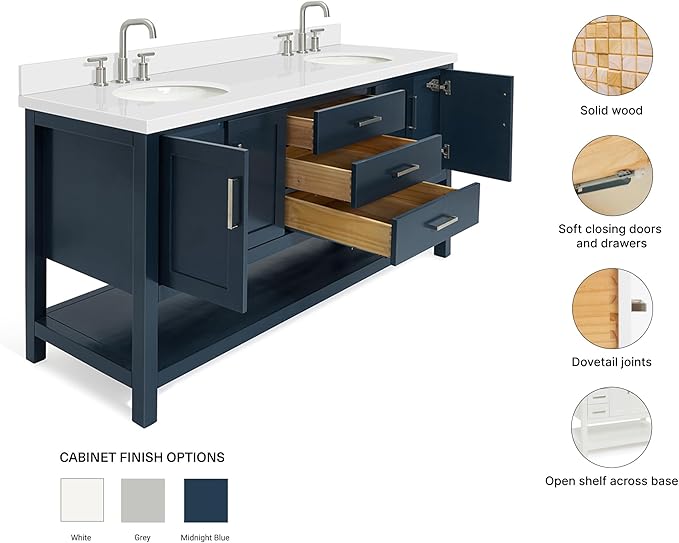 ARIEL Magnolia 72-inch Bathroom Vanity with Sink,Solid Wood, 1.5-inch Pure White Quartz Countertop & Backsplash, Double Oval Porcelain Sink, 4 Soft Closing Doors, 3 Dovetail Drawers, Midnight Blue