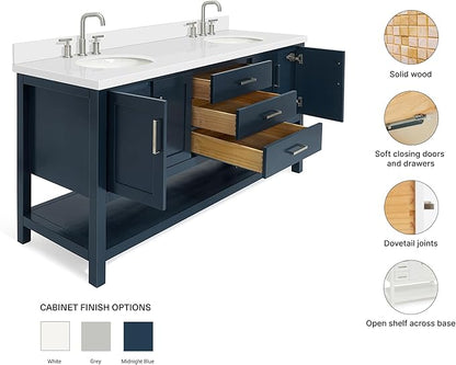 ARIEL Magnolia 72-inch Bathroom Vanity with Sink,Solid Wood, 1.5-inch Pure White Quartz Countertop & Backsplash, Double Oval Porcelain Sink, 4 Soft Closing Doors, 3 Dovetail Drawers, Midnight Blue