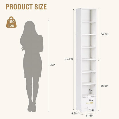 VECELO Tall Narrow Bookshelf with Drawer, 6 Adjustable Movable Shelves, Wood Space Saving Corner Storage Cabinet for Bathroom Bedroom, Pearl White