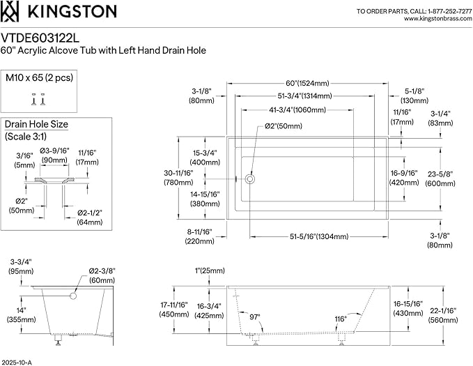 KINGSTON BRASS VTDE603122L 60-Inch Contemporary Alcove Acrylic Bathtub with Left Hand Drain and Overflow Holes, White