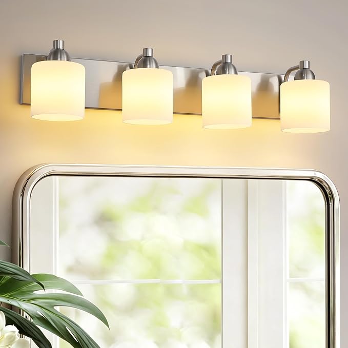Mecgirn Stainless Steel Milk Glass Bathroom Vanity Light Over Mirror, 4 Light Brushed Nickel Bathroom Light Fixtures with Frosted Glass, Modern Vanity Lighting Wall Mount