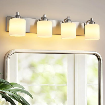 Mecgirn Stainless Steel Milk Glass Bathroom Vanity Light Over Mirror, 4 Light Brushed Nickel Bathroom Light Fixtures with Frosted Glass, Modern Vanity Lighting Wall Mount