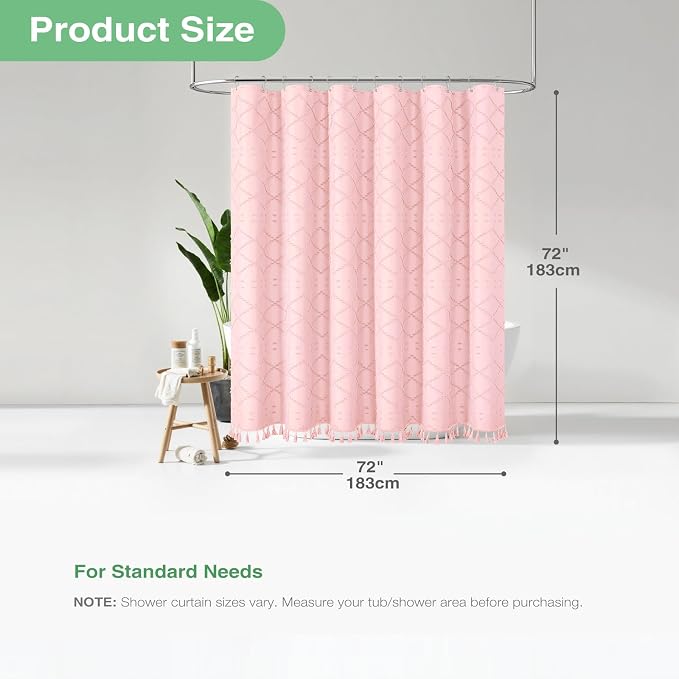 Boho Farmhouse Fabric Shower Curtain Tufted Geometric 72x72 Pink | Elegant Tassel, Soft Lightweight Textured Fabric, Water Repellent, Washable, Hotel Spa, for Bathroom/Dorm/Apartment 12 Hooks