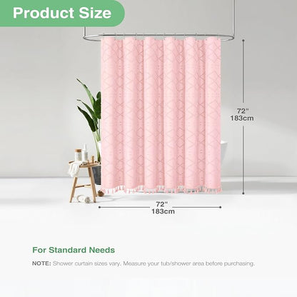 Boho Farmhouse Fabric Shower Curtain Tufted Geometric 72x72 Pink | Elegant Tassel, Soft Lightweight Textured Fabric, Water Repellent, Washable, Hotel Spa, for Bathroom/Dorm/Apartment 12 Hooks