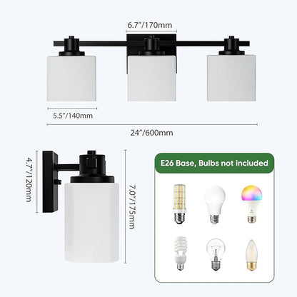 24 Inch Black Bathroom Light Fixtures over Mirror 3 Light Matte Black Vanity Light Milk Glass Makeup Shower Lamp Small Farmhouse Wall Sconce Modern Desk Vintage Rustic Bath above Sink Lighting