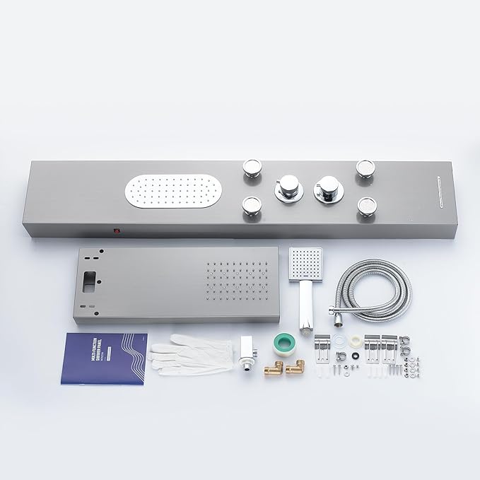 MENATT Luxury Shower Tower System with LED Shower Head, 5 Functions Shower Panel Tower System with 4 pcs Body Massage Jets,Body Waterfall Spray, Handheld Shower and Tub Spout, Brushed Finish