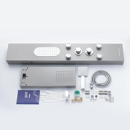MENATT Luxury Shower Tower System with LED Shower Head, 5 Functions Shower Panel Tower System with 4 pcs Body Massage Jets,Body Waterfall Spray, Handheld Shower and Tub Spout, Brushed Finish