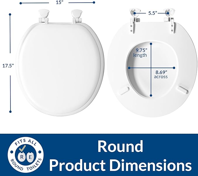 Mayfair Padded Toilet Seat, Cushioned Soft Vinyl over Wood Core Seat, Secure Hinges, Easy Clean, Made in USA, Round, White